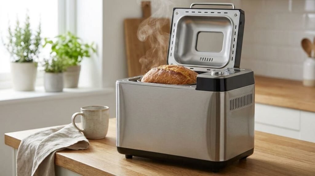 máquina de fazer pão com pão fresco acabado de cozer