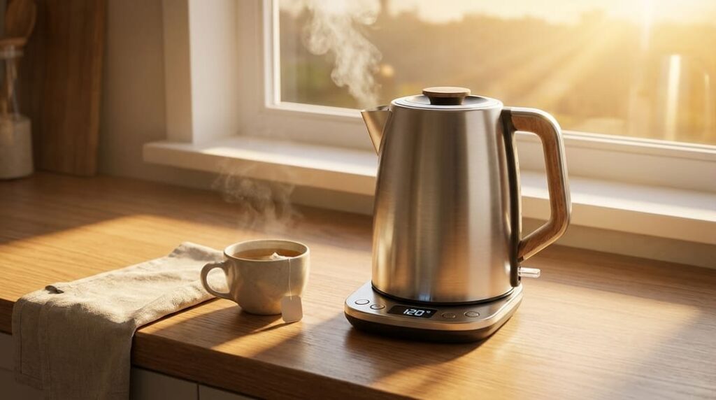 chaleira elétrica em aço inoxidável com vapor a sair